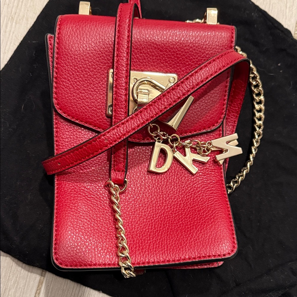 DKNY Cherry Red Crossbody Bag with Gold Accents